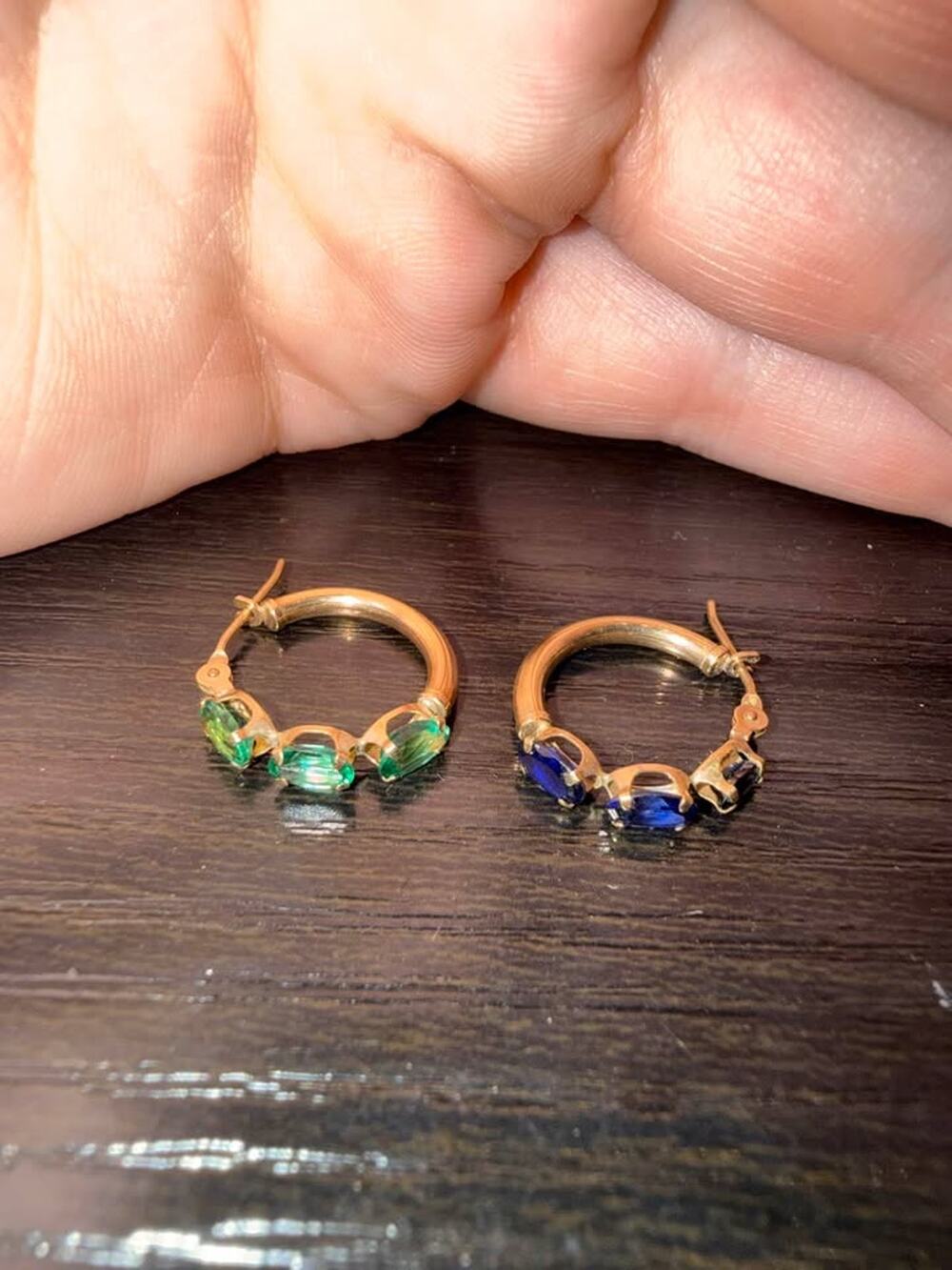 10K Yellow Gold 3-Stone Green & Blue Gemstone Ring Vintage Estate Jewelry
